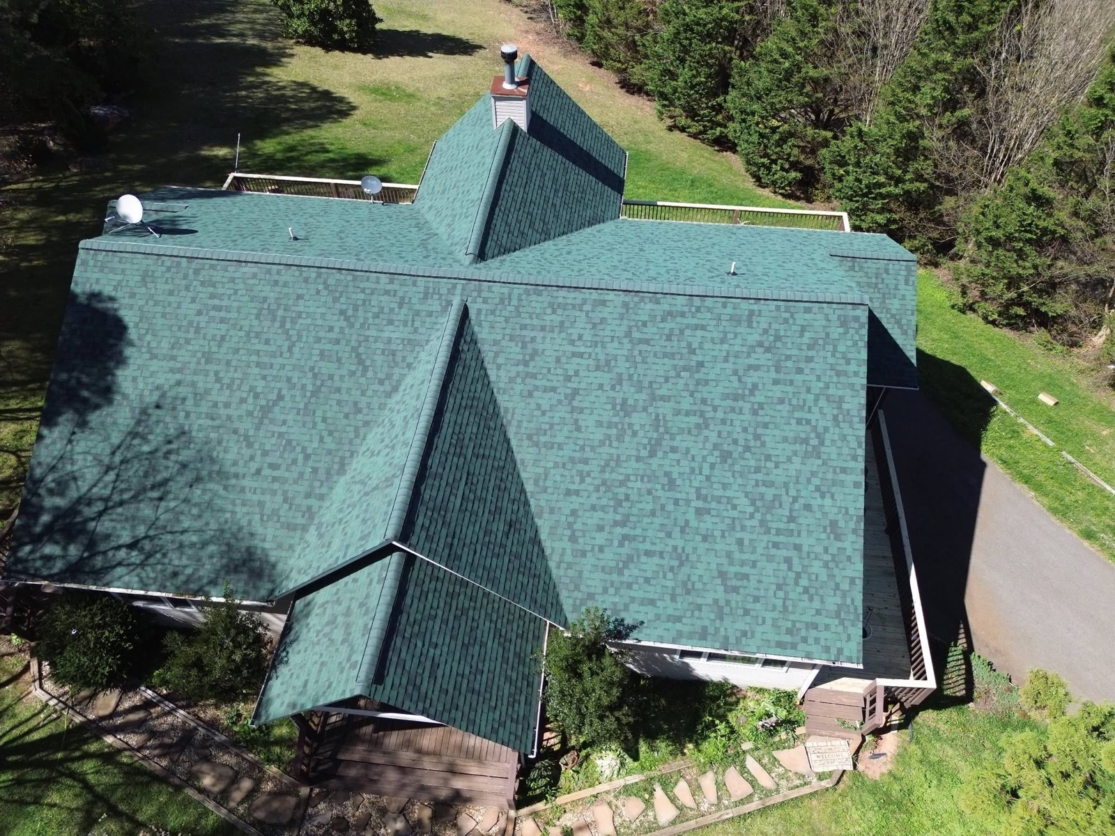 Green architectural shingle roof from above